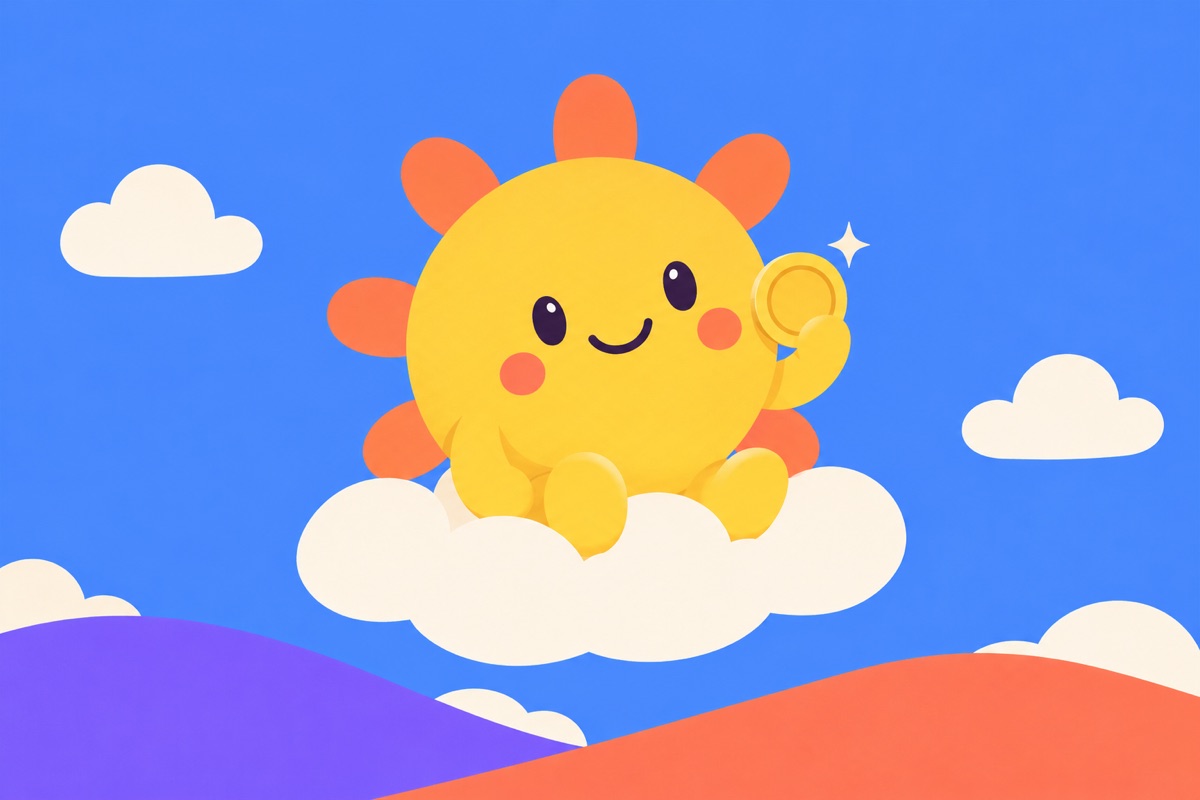 An original smiling sun resting on a cloud, holding a little coin.